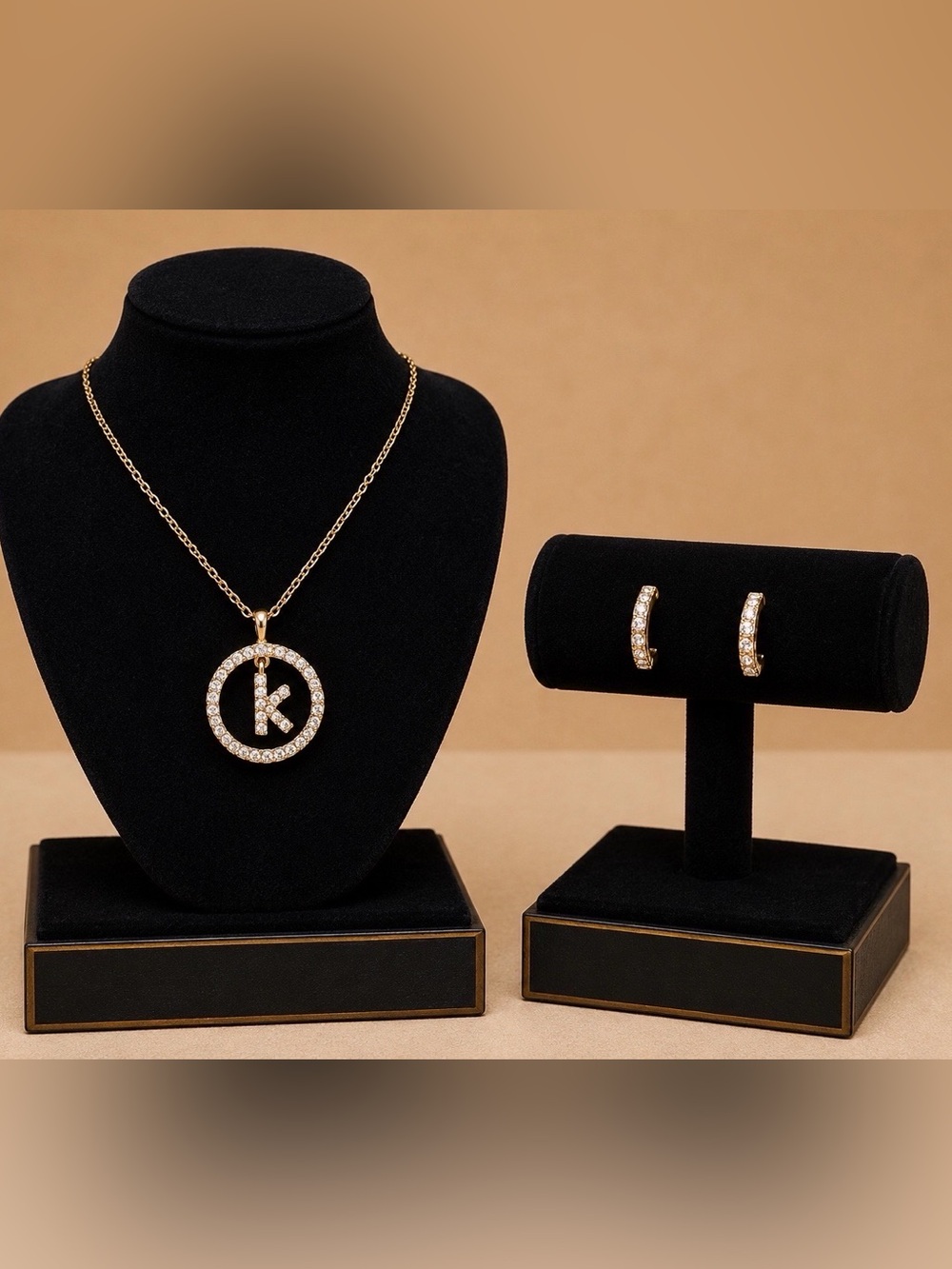 Gold Crystal Initial 'K' Pendant Necklace and Hoop Earrings Set